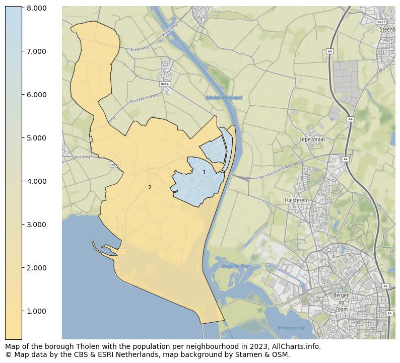 Map of the borough Tholen with the population per neighbourhood in 2023. This page shows a lot of information about residents (such as the distribution by age groups, family composition, gender, native or Dutch with an immigration background, ...), homes (numbers, types, price development, use, type of property, ...) and more (car ownership, energy consumption, ...) based on open data from the Dutch Central Bureau of Statistics and various other sources!