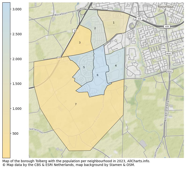 Map of the borough Tolberg with the population per neighbourhood in 2023. This page shows a lot of information about residents (such as the distribution by age groups, family composition, gender, native or Dutch with an immigration background, ...), homes (numbers, types, price development, use, type of property, ...) and more (car ownership, energy consumption, ...) based on open data from the Dutch Central Bureau of Statistics and various other sources!