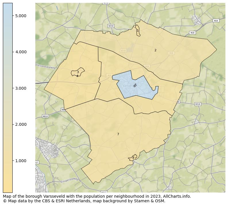 Map of the borough Varsseveld with the population per neighbourhood in 2023. This page shows a lot of information about residents (such as the distribution by age groups, family composition, gender, native or Dutch with an immigration background, ...), homes (numbers, types, price development, use, type of property, ...) and more (car ownership, energy consumption, ...) based on open data from the Dutch Central Bureau of Statistics and various other sources!