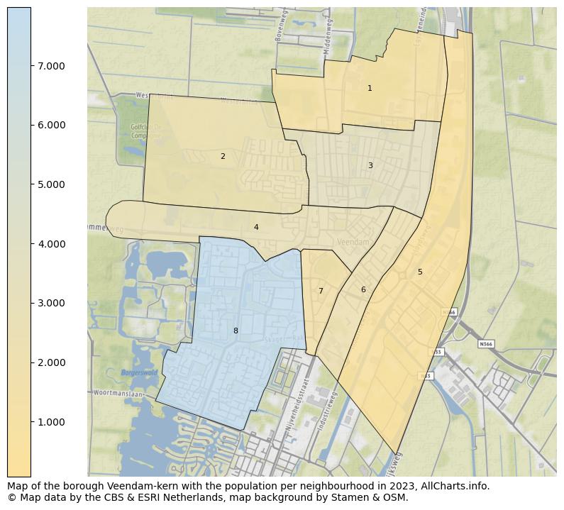 Map of the borough Veendam-kern with the population per neighbourhood in 2023. This page shows a lot of information about residents (such as the distribution by age groups, family composition, gender, native or Dutch with an immigration background, ...), homes (numbers, types, price development, use, type of property, ...) and more (car ownership, energy consumption, ...) based on open data from the Dutch Central Bureau of Statistics and various other sources!