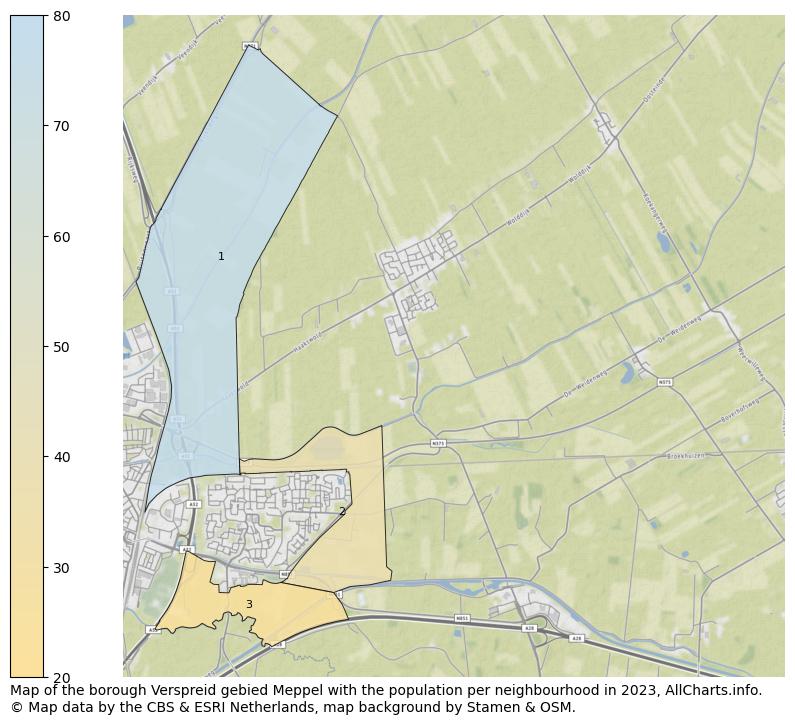 Map of the borough Verspreid gebied Meppel with the population per neighbourhood in 2023. This page shows a lot of information about residents (such as the distribution by age groups, family composition, gender, native or Dutch with an immigration background, ...), homes (numbers, types, price development, use, type of property, ...) and more (car ownership, energy consumption, ...) based on open data from the Dutch Central Bureau of Statistics and various other sources!