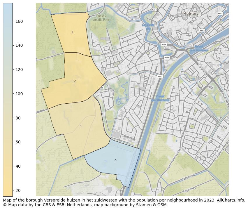 Map of the borough Verspreide huizen in het zuidwesten with the population per neighbourhood in 2023. This page shows a lot of information about residents (such as the distribution by age groups, family composition, gender, native or Dutch with an immigration background, ...), homes (numbers, types, price development, use, type of property, ...) and more (car ownership, energy consumption, ...) based on open data from the Dutch Central Bureau of Statistics and various other sources!