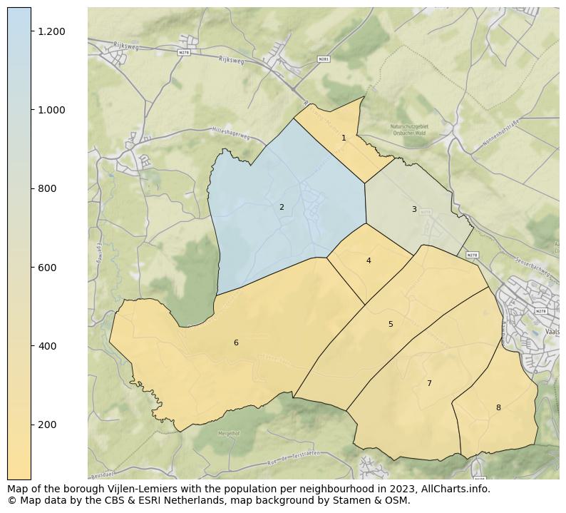 Map of the borough Vijlen-Lemiers with the population per neighbourhood in 2023. This page shows a lot of information about residents (such as the distribution by age groups, family composition, gender, native or Dutch with an immigration background, ...), homes (numbers, types, price development, use, type of property, ...) and more (car ownership, energy consumption, ...) based on open data from the Dutch Central Bureau of Statistics and various other sources!