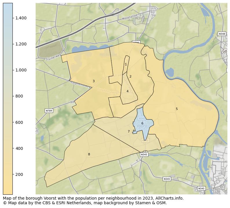 Map of the borough Voorst with the population per neighbourhood in 2023. This page shows a lot of information about residents (such as the distribution by age groups, family composition, gender, native or Dutch with an immigration background, ...), homes (numbers, types, price development, use, type of property, ...) and more (car ownership, energy consumption, ...) based on open data from the Dutch Central Bureau of Statistics and various other sources!