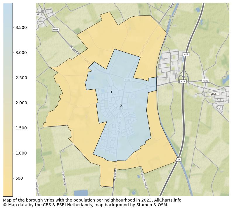 Map of the borough Vries with the population per neighbourhood in 2023. This page shows a lot of information about residents (such as the distribution by age groups, family composition, gender, native or Dutch with an immigration background, ...), homes (numbers, types, price development, use, type of property, ...) and more (car ownership, energy consumption, ...) based on open data from the Dutch Central Bureau of Statistics and various other sources!