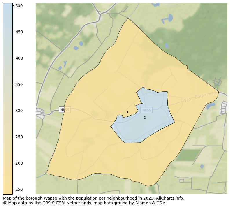 Map of the borough Wapse with the population per neighbourhood in 2023. This page shows a lot of information about residents (such as the distribution by age groups, family composition, gender, native or Dutch with an immigration background, ...), homes (numbers, types, price development, use, type of property, ...) and more (car ownership, energy consumption, ...) based on open data from the Dutch Central Bureau of Statistics and various other sources!