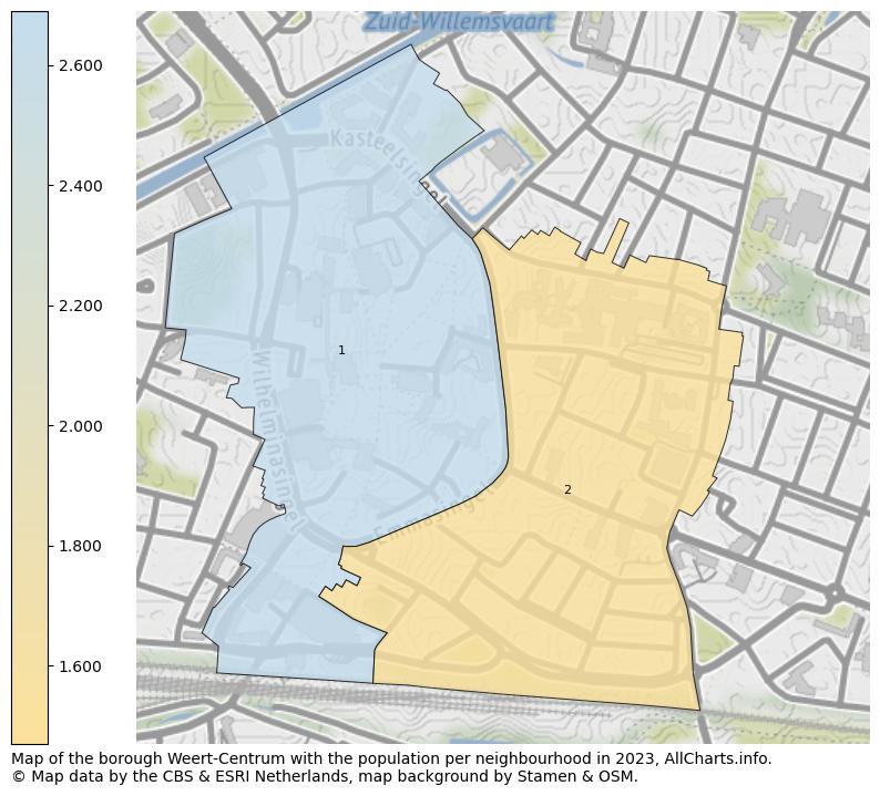 Map of the borough Weert-Centrum with the population per neighbourhood in 2023. This page shows a lot of information about residents (such as the distribution by age groups, family composition, gender, native or Dutch with an immigration background, ...), homes (numbers, types, price development, use, type of property, ...) and more (car ownership, energy consumption, ...) based on open data from the Dutch Central Bureau of Statistics and various other sources!