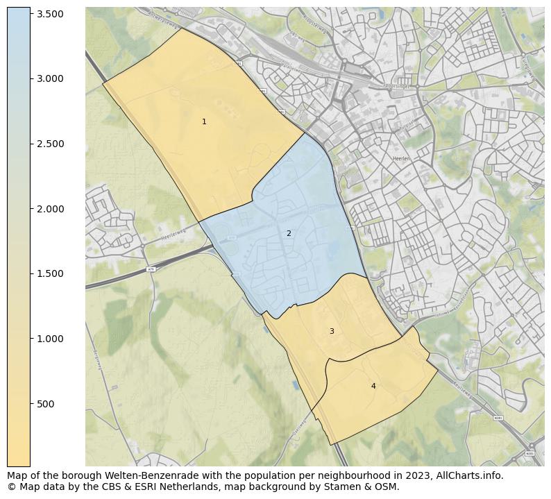 Map of the borough Welten-Benzenrade with the population per neighbourhood in 2023. This page shows a lot of information about residents (such as the distribution by age groups, family composition, gender, native or Dutch with an immigration background, ...), homes (numbers, types, price development, use, type of property, ...) and more (car ownership, energy consumption, ...) based on open data from the Dutch Central Bureau of Statistics and various other sources!