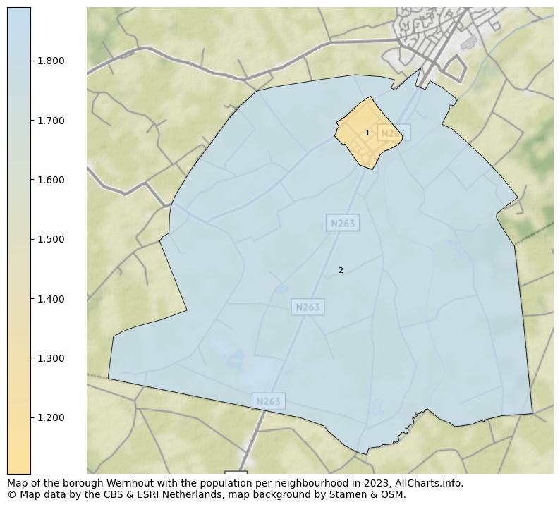 Map of the borough Wernhout with the population per neighbourhood in 2023. This page shows a lot of information about residents (such as the distribution by age groups, family composition, gender, native or Dutch with an immigration background, ...), homes (numbers, types, price development, use, type of property, ...) and more (car ownership, energy consumption, ...) based on open data from the Dutch Central Bureau of Statistics and various other sources!