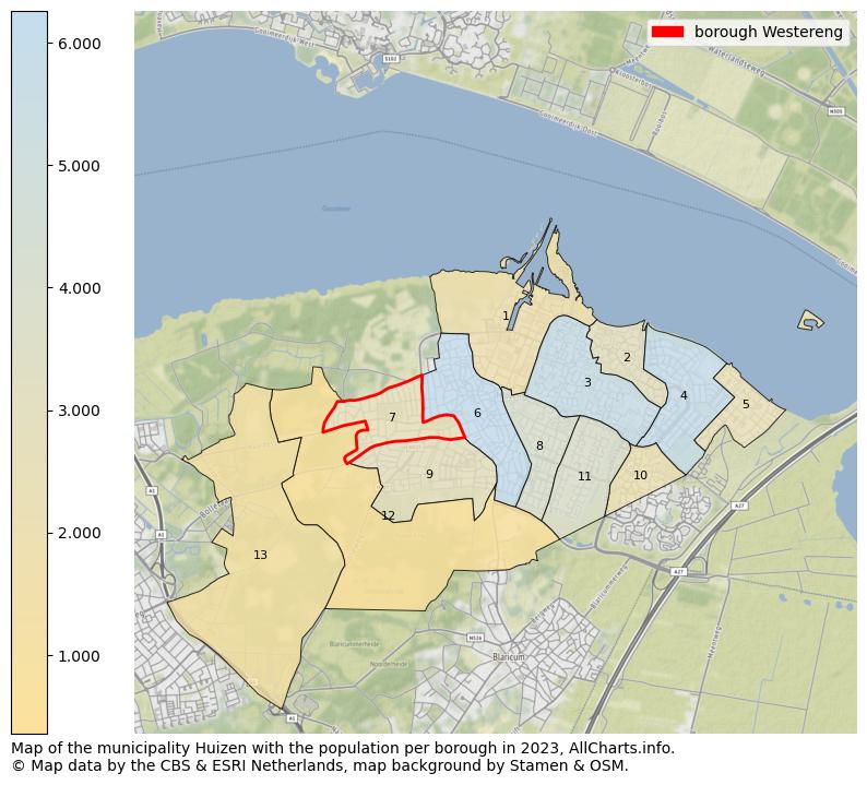 Map of the municipality Huizen with the population per borough in 2022. This page shows a lot of information about residents (such as the distribution by age groups, family composition, gender, native or Dutch with an immigration background, ...), homes (numbers, types, price development, use, type of property, ...) and more (car ownership, energy consumption, ...) based on open data from the Dutch Central Bureau of Statistics and various other sources!