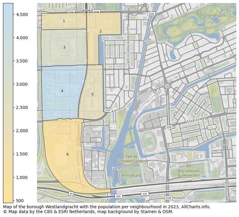 Map of the borough Westlandgracht with the population per neighbourhood in 2023. This page shows a lot of information about residents (such as the distribution by age groups, family composition, gender, native or Dutch with an immigration background, ...), homes (numbers, types, price development, use, type of property, ...) and more (car ownership, energy consumption, ...) based on open data from the Dutch Central Bureau of Statistics and various other sources!
