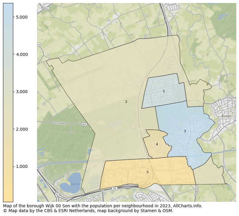 Map of the borough Wijk 00 Son with the population per neighbourhood in 2023. This page shows a lot of information about residents (such as the distribution by age groups, family composition, gender, native or Dutch with an immigration background, ...), homes (numbers, types, price development, use, type of property, ...) and more (car ownership, energy consumption, ...) based on open data from the Dutch Central Bureau of Statistics and various other sources!