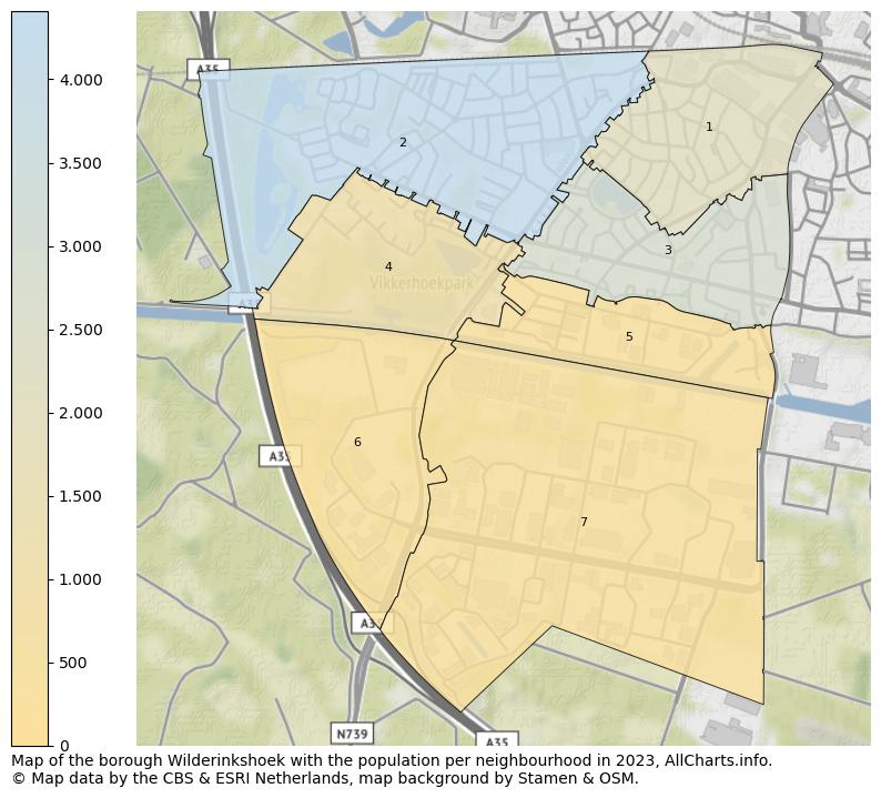 Map of the borough Wilderinkshoek with the population per neighbourhood in 2023. This page shows a lot of information about residents (such as the distribution by age groups, family composition, gender, native or Dutch with an immigration background, ...), homes (numbers, types, price development, use, type of property, ...) and more (car ownership, energy consumption, ...) based on open data from the Dutch Central Bureau of Statistics and various other sources!