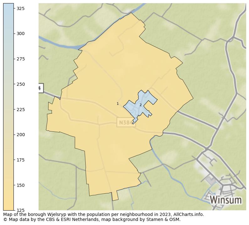 Map of the borough Wjelsryp with the population per neighbourhood in 2023. This page shows a lot of information about residents (such as the distribution by age groups, family composition, gender, native or Dutch with an immigration background, ...), homes (numbers, types, price development, use, type of property, ...) and more (car ownership, energy consumption, ...) based on open data from the Dutch Central Bureau of Statistics and various other sources!