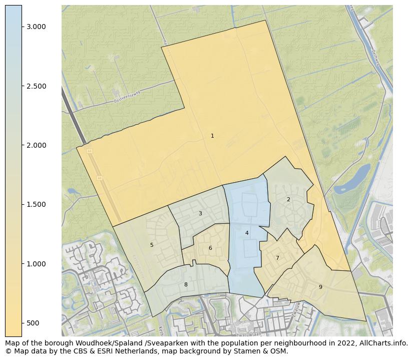 Map of the borough Woudhoek/Spaland /Sveaparken with the population per neighbourhood in 2022. This page shows a lot of information about residents (such as the distribution by age groups, family composition, gender, native or Dutch with an immigration background, ...), homes (numbers, types, price development, use, type of property, ...) and more (car ownership, energy consumption, ...) based on open data from the Dutch Central Bureau of Statistics and various other sources!