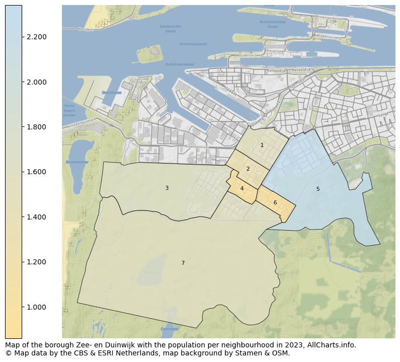 Map of the borough Zee- en Duinwijk with the population per neighbourhood in 2023. This page shows a lot of information about residents (such as the distribution by age groups, family composition, gender, native or Dutch with an immigration background, ...), homes (numbers, types, price development, use, type of property, ...) and more (car ownership, energy consumption, ...) based on open data from the Dutch Central Bureau of Statistics and various other sources!