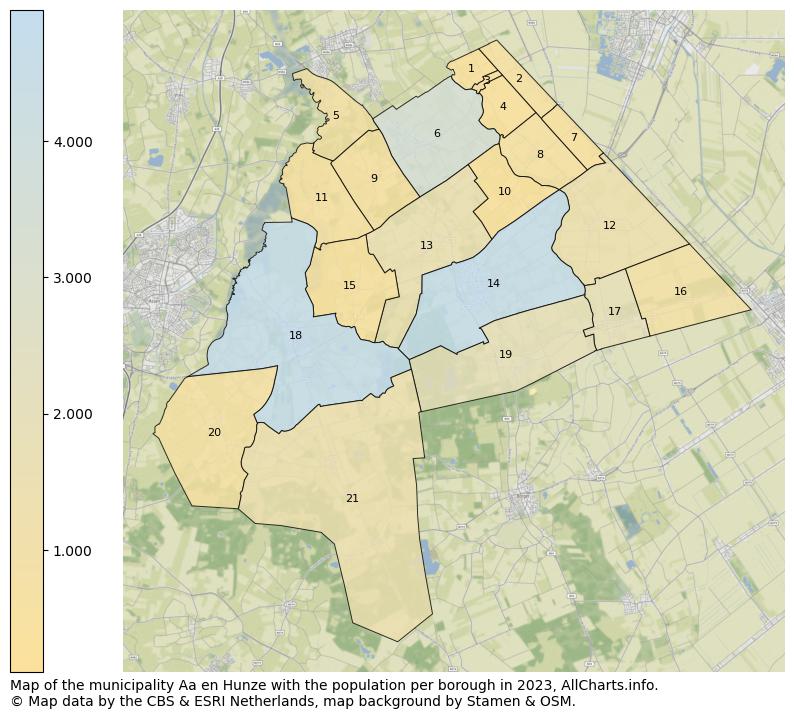 Map of the municipality Aa en Hunze with the population per borough in 2023. This page shows a lot of information about residents (such as the distribution by age groups, family composition, gender, native or Dutch with an immigration background, ...), homes (numbers, types, price development, use, type of property, ...) and more (car ownership, energy consumption, ...) based on open data from the Dutch Central Bureau of Statistics and various other sources!
