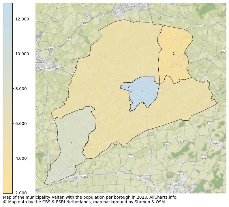 Map of the municipality Aalten with the population per borough in 2023. This page shows a lot of information about residents (such as the distribution by age groups, family composition, gender, native or Dutch with an immigration background, ...), homes (numbers, types, price development, use, type of property, ...) and more (car ownership, energy consumption, ...) based on open data from the Dutch Central Bureau of Statistics and various other sources!