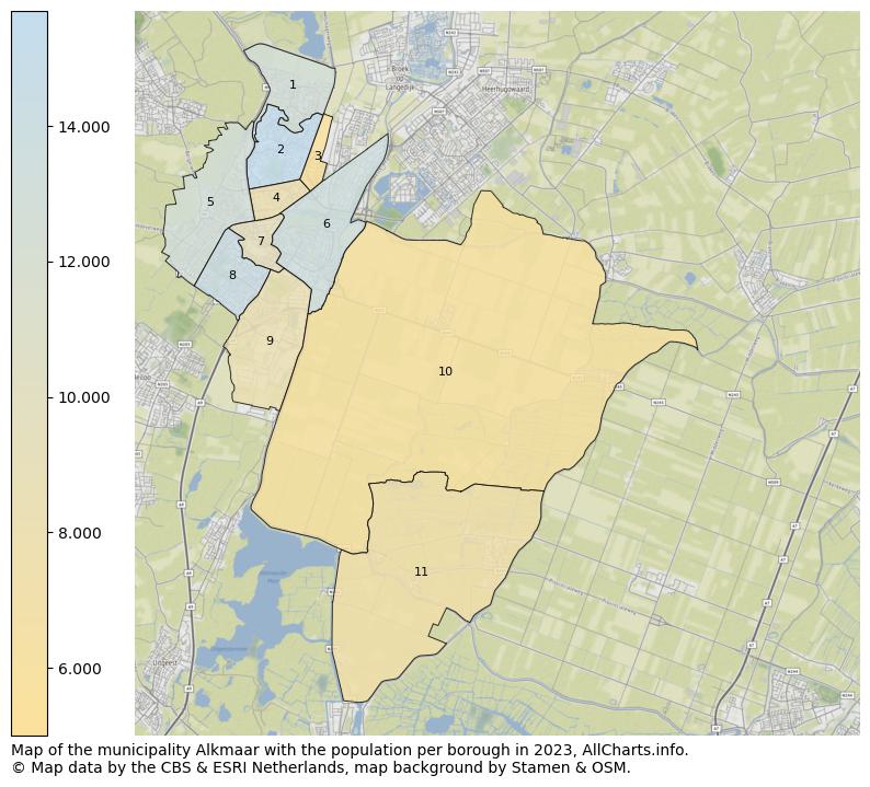 Map of the municipality Alkmaar with the population per borough in 2023. This page shows a lot of information about residents (such as the distribution by age groups, family composition, gender, native or Dutch with an immigration background, ...), homes (numbers, types, price development, use, type of property, ...) and more (car ownership, energy consumption, ...) based on open data from the Dutch Central Bureau of Statistics and various other sources!