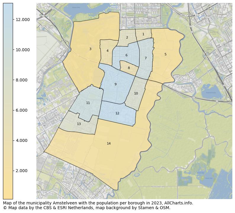 Map of the municipality Amstelveen with the population per borough in 2023. This page shows a lot of information about residents (such as the distribution by age groups, family composition, gender, native or Dutch with an immigration background, ...), homes (numbers, types, price development, use, type of property, ...) and more (car ownership, energy consumption, ...) based on open data from the Dutch Central Bureau of Statistics and various other sources!