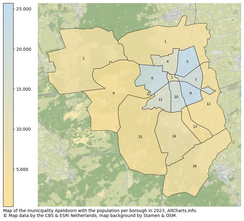 Map of the municipality Apeldoorn with the population per borough in 2023. This page shows a lot of information about residents (such as the distribution by age groups, family composition, gender, native or Dutch with an immigration background, ...), homes (numbers, types, price development, use, type of property, ...) and more (car ownership, energy consumption, ...) based on open data from the Dutch Central Bureau of Statistics and various other sources!