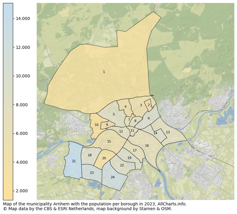 Map of the municipality Arnhem with the population per borough in 2023. This page shows a lot of information about residents (such as the distribution by age groups, family composition, gender, native or Dutch with an immigration background, ...), homes (numbers, types, price development, use, type of property, ...) and more (car ownership, energy consumption, ...) based on open data from the Dutch Central Bureau of Statistics and various other sources!