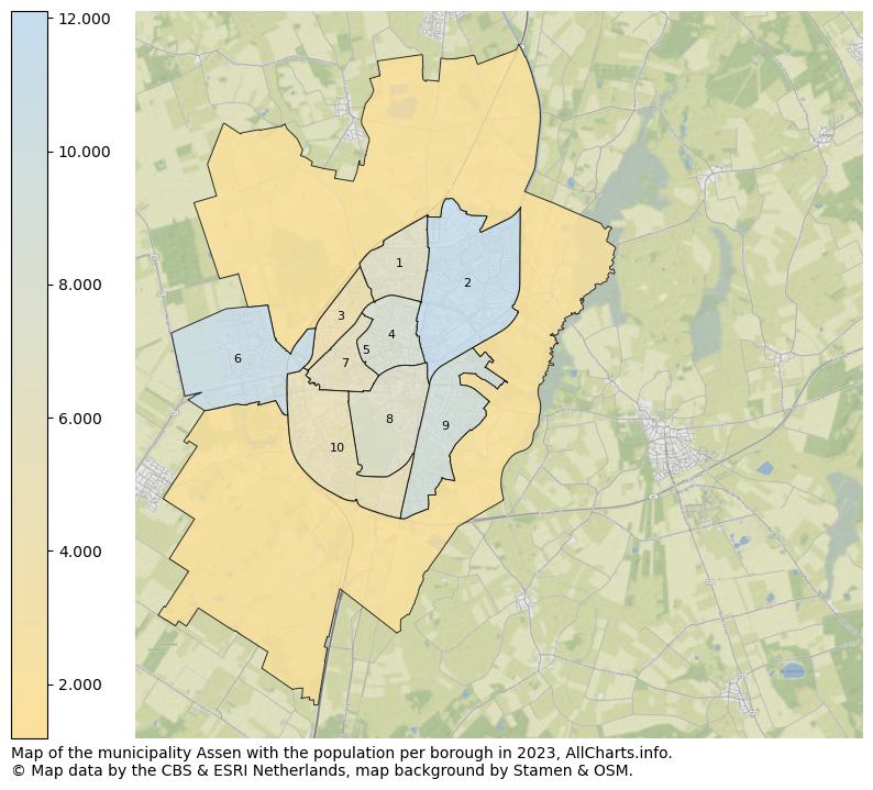 Map of the municipality Assen with the population per borough in 2023. This page shows a lot of information about residents (such as the distribution by age groups, family composition, gender, native or Dutch with an immigration background, ...), homes (numbers, types, price development, use, type of property, ...) and more (car ownership, energy consumption, ...) based on open data from the Dutch Central Bureau of Statistics and various other sources!