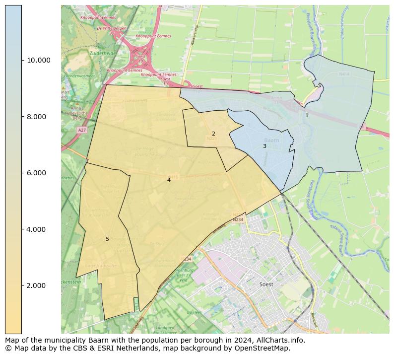 Map of the municipality Baarn with the population per borough in 2023. This page shows a lot of information about residents (such as the distribution by age groups, family composition, gender, native or Dutch with an immigration background, ...), homes (numbers, types, price development, use, type of property, ...) and more (car ownership, energy consumption, ...) based on open data from the Dutch Central Bureau of Statistics and various other sources!