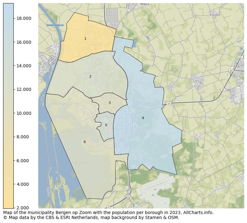 Map of the municipality Bergen op Zoom with the population per borough in 2023. This page shows a lot of information about residents (such as the distribution by age groups, family composition, gender, native or Dutch with an immigration background, ...), homes (numbers, types, price development, use, type of property, ...) and more (car ownership, energy consumption, ...) based on open data from the Dutch Central Bureau of Statistics and various other sources!