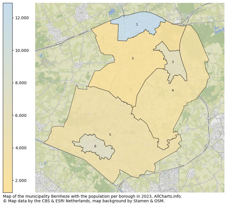 Map of the municipality Bernheze with the population per borough in 2023. This page shows a lot of information about residents (such as the distribution by age groups, family composition, gender, native or Dutch with an immigration background, ...), homes (numbers, types, price development, use, type of property, ...) and more (car ownership, energy consumption, ...) based on open data from the Dutch Central Bureau of Statistics and various other sources!