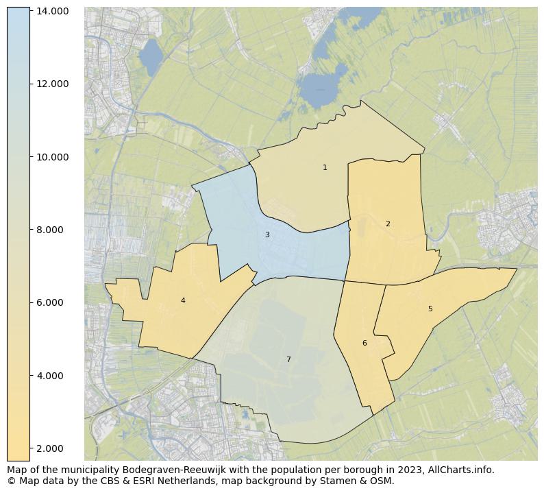 Map of the municipality Bodegraven-Reeuwijk with the population per borough in 2023. This page shows a lot of information about residents (such as the distribution by age groups, family composition, gender, native or Dutch with an immigration background, ...), homes (numbers, types, price development, use, type of property, ...) and more (car ownership, energy consumption, ...) based on open data from the Dutch Central Bureau of Statistics and various other sources!