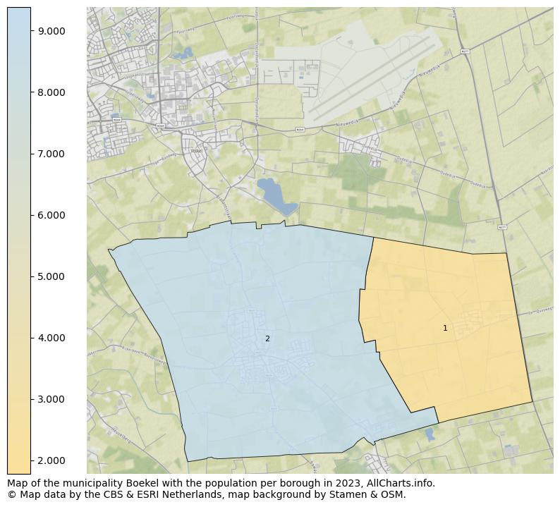Map of the municipality Boekel with the population per borough in 2022. This page shows a lot of information about residents (such as the distribution by age groups, family composition, gender, native or Dutch with an immigration background, ...), homes (numbers, types, price development, use, type of property, ...) and more (car ownership, energy consumption, ...) based on open data from the Dutch Central Bureau of Statistics and various other sources!