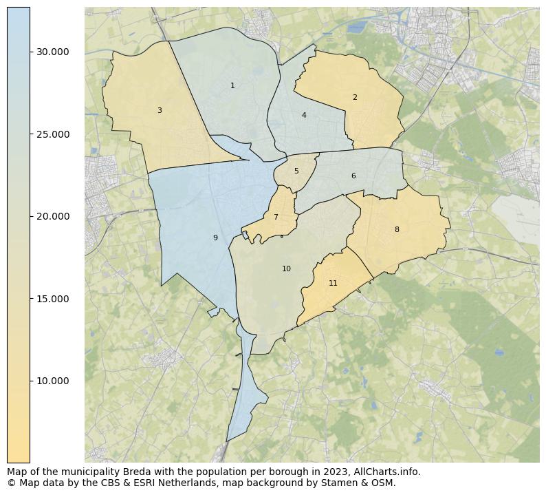 Map of the municipality Breda with the population per borough in 2023. This page shows a lot of information about residents (such as the distribution by age groups, family composition, gender, native or Dutch with an immigration background, ...), homes (numbers, types, price development, use, type of property, ...) and more (car ownership, energy consumption, ...) based on open data from the Dutch Central Bureau of Statistics and various other sources!