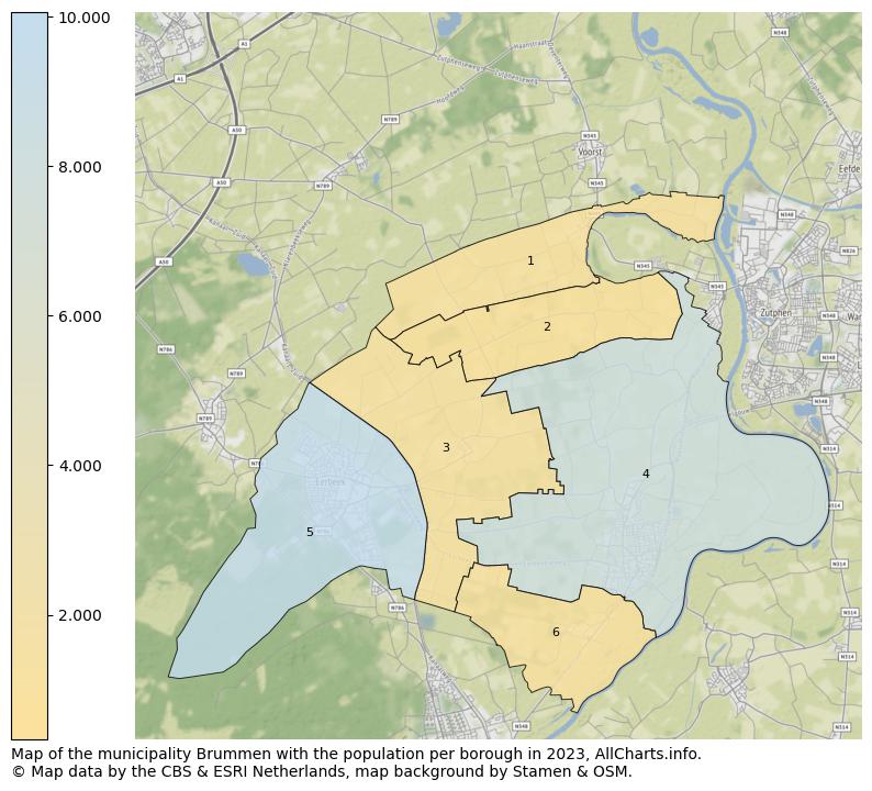 Map of the municipality Brummen with the population per borough in 2023. This page shows a lot of information about residents (such as the distribution by age groups, family composition, gender, native or Dutch with an immigration background, ...), homes (numbers, types, price development, use, type of property, ...) and more (car ownership, energy consumption, ...) based on open data from the Dutch Central Bureau of Statistics and various other sources!