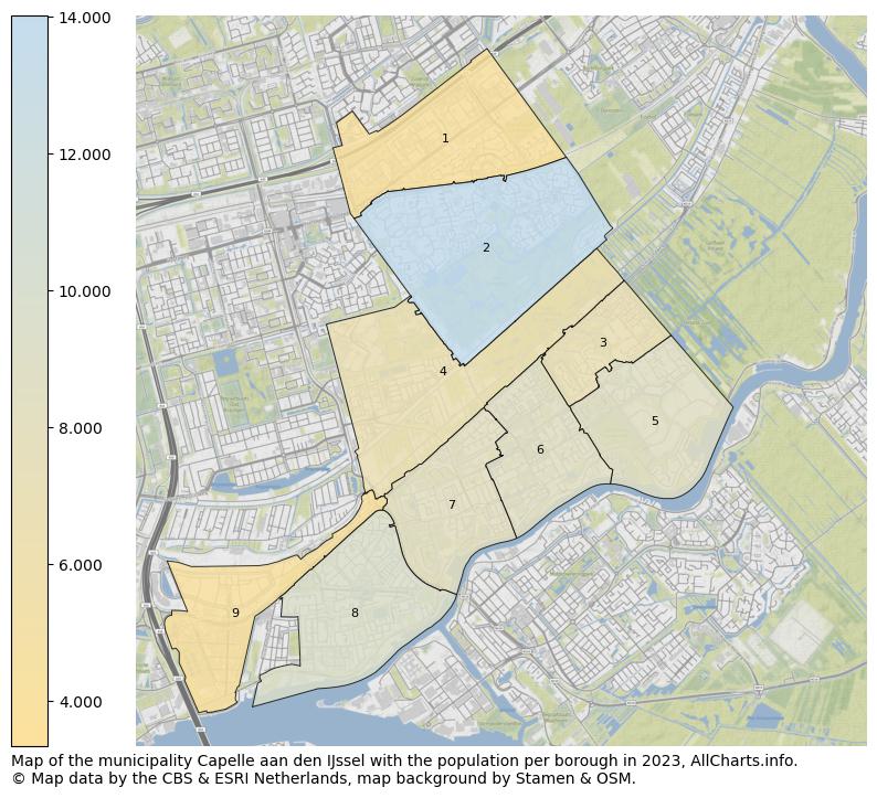 Map of the municipality Capelle aan den IJssel with the population per borough in 2023. This page shows a lot of information about residents (such as the distribution by age groups, family composition, gender, native or Dutch with an immigration background, ...), homes (numbers, types, price development, use, type of property, ...) and more (car ownership, energy consumption, ...) based on open data from the Dutch Central Bureau of Statistics and various other sources!