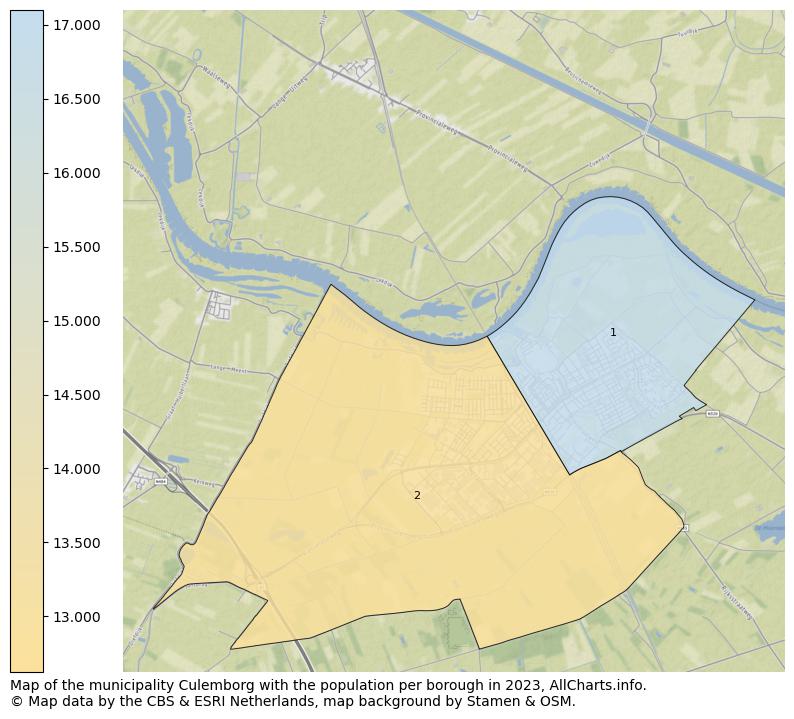 Map of the municipality Culemborg with the population per borough in 2023. This page shows a lot of information about residents (such as the distribution by age groups, family composition, gender, native or Dutch with an immigration background, ...), homes (numbers, types, price development, use, type of property, ...) and more (car ownership, energy consumption, ...) based on open data from the Dutch Central Bureau of Statistics and various other sources!