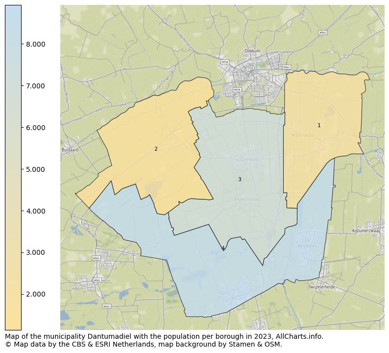 Map of the municipality Dantumadiel with the population per borough in 2023. This page shows a lot of information about residents (such as the distribution by age groups, family composition, gender, native or Dutch with an immigration background, ...), homes (numbers, types, price development, use, type of property, ...) and more (car ownership, energy consumption, ...) based on open data from the Dutch Central Bureau of Statistics and various other sources!