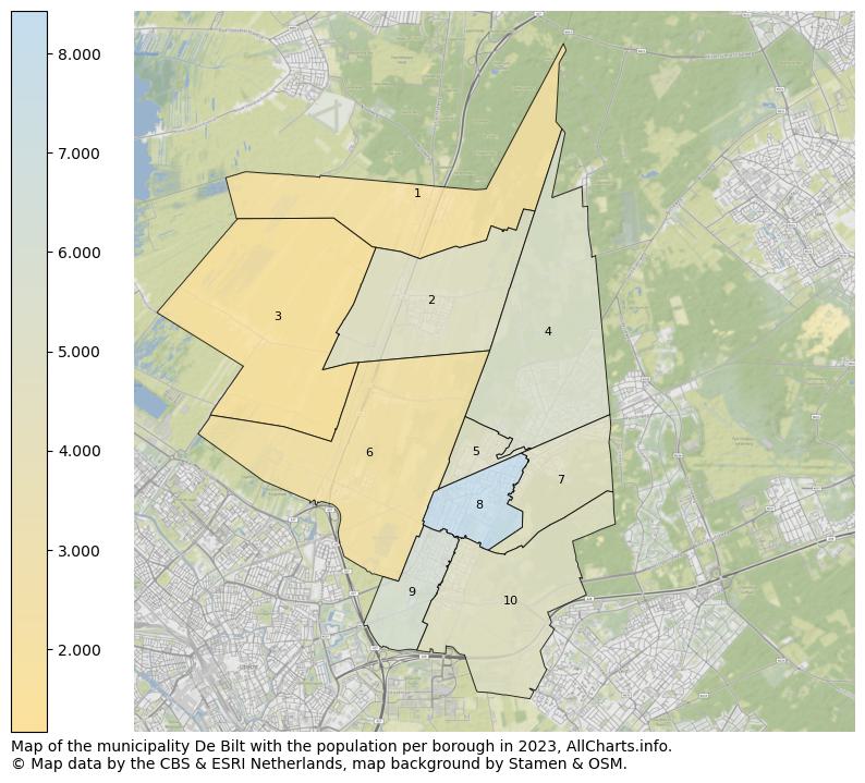 Map of the municipality De Bilt with the population per borough in 2023. This page shows a lot of information about residents (such as the distribution by age groups, family composition, gender, native or Dutch with an immigration background, ...), homes (numbers, types, price development, use, type of property, ...) and more (car ownership, energy consumption, ...) based on open data from the Dutch Central Bureau of Statistics and various other sources!