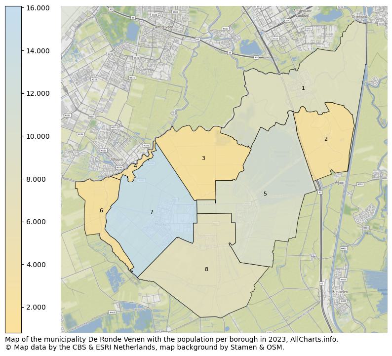 Map of the municipality De Ronde Venen with the population per borough in 2023. This page shows a lot of information about residents (such as the distribution by age groups, family composition, gender, native or Dutch with an immigration background, ...), homes (numbers, types, price development, use, type of property, ...) and more (car ownership, energy consumption, ...) based on open data from the Dutch Central Bureau of Statistics and various other sources!