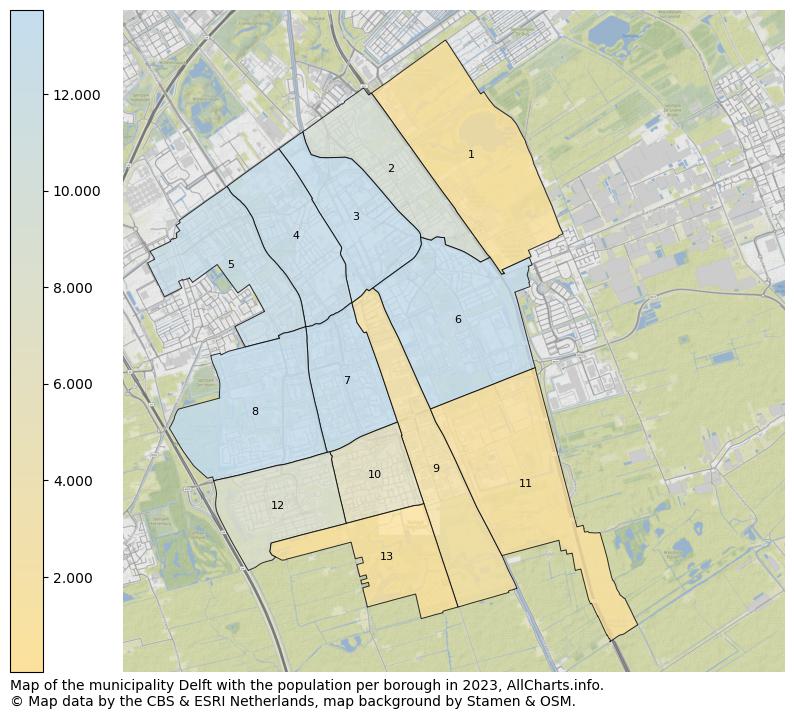 Map of the municipality Delft with the population per borough in 2023. This page shows a lot of information about residents (such as the distribution by age groups, family composition, gender, native or Dutch with an immigration background, ...), homes (numbers, types, price development, use, type of property, ...) and more (car ownership, energy consumption, ...) based on open data from the Dutch Central Bureau of Statistics and various other sources!