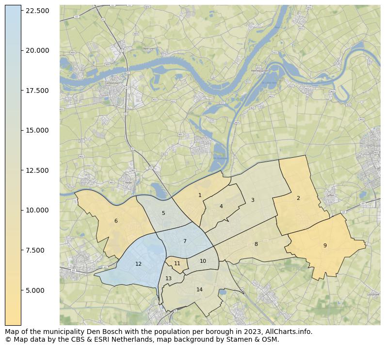 Map of the municipality Den Bosch with the population per borough in 2023. This page shows a lot of information about residents (such as the distribution by age groups, family composition, gender, native or Dutch with an immigration background, ...), homes (numbers, types, price development, use, type of property, ...) and more (car ownership, energy consumption, ...) based on open data from the Dutch Central Bureau of Statistics and various other sources!