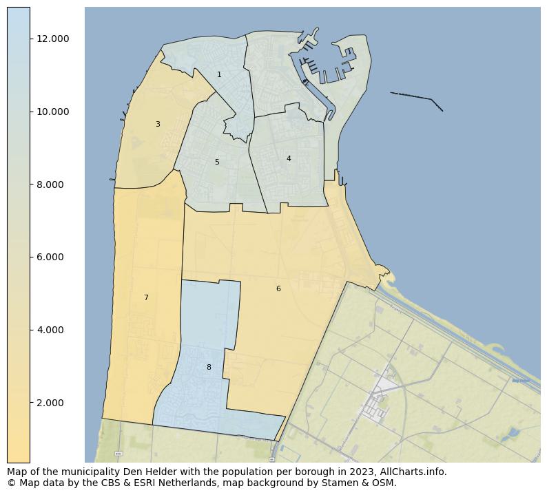 Map of the municipality Den Helder with the population per borough in 2023. This page shows a lot of information about residents (such as the distribution by age groups, family composition, gender, native or Dutch with an immigration background, ...), homes (numbers, types, price development, use, type of property, ...) and more (car ownership, energy consumption, ...) based on open data from the Dutch Central Bureau of Statistics and various other sources!