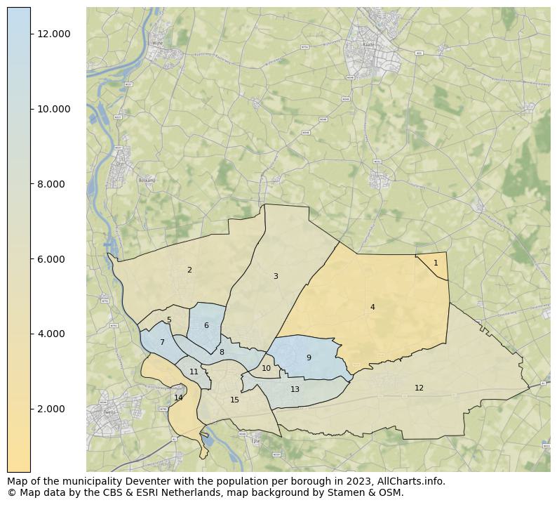 Map of the municipality Deventer with the population per borough in 2023. This page shows a lot of information about residents (such as the distribution by age groups, family composition, gender, native or Dutch with an immigration background, ...), homes (numbers, types, price development, use, type of property, ...) and more (car ownership, energy consumption, ...) based on open data from the Dutch Central Bureau of Statistics and various other sources!