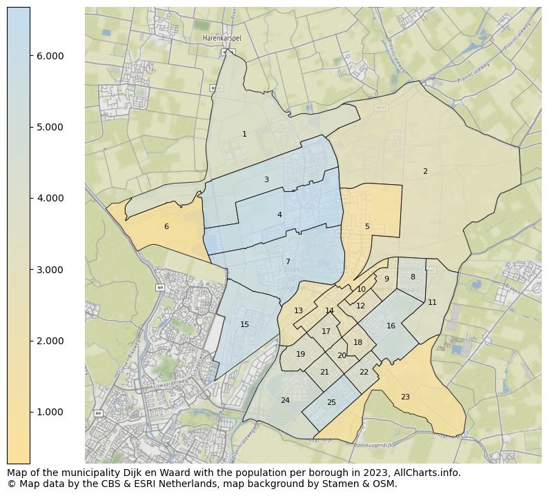 Map of the municipality Dijk en Waard with the population per borough in 2023. This page shows a lot of information about residents (such as the distribution by age groups, family composition, gender, native or Dutch with an immigration background, ...), homes (numbers, types, price development, use, type of property, ...) and more (car ownership, energy consumption, ...) based on open data from the Dutch Central Bureau of Statistics and various other sources!