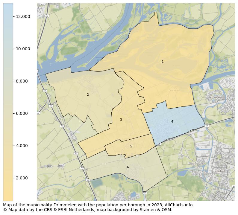 Map of the municipality Drimmelen with the population per borough in 2023. This page shows a lot of information about residents (such as the distribution by age groups, family composition, gender, native or Dutch with an immigration background, ...), homes (numbers, types, price development, use, type of property, ...) and more (car ownership, energy consumption, ...) based on open data from the Dutch Central Bureau of Statistics and various other sources!