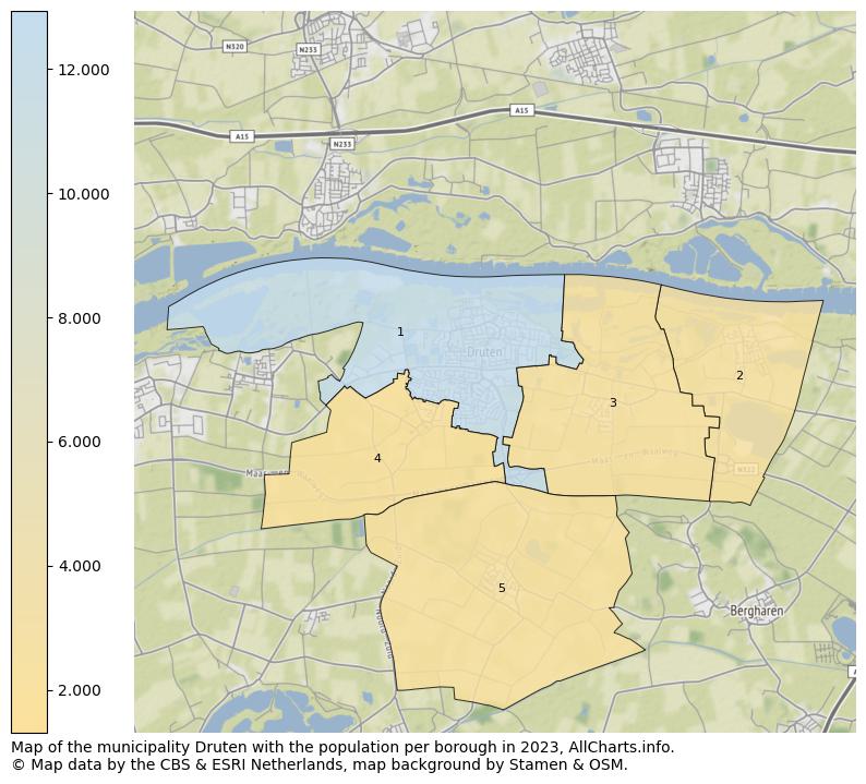 Map of the municipality Druten with the population per borough in 2023. This page shows a lot of information about residents (such as the distribution by age groups, family composition, gender, native or Dutch with an immigration background, ...), homes (numbers, types, price development, use, type of property, ...) and more (car ownership, energy consumption, ...) based on open data from the Dutch Central Bureau of Statistics and various other sources!