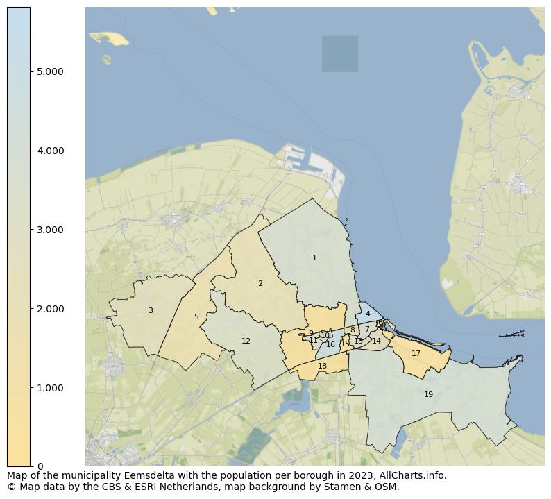 Map of the municipality Eemsdelta with the population per borough in 2023. This page shows a lot of information about residents (such as the distribution by age groups, family composition, gender, native or Dutch with an immigration background, ...), homes (numbers, types, price development, use, type of property, ...) and more (car ownership, energy consumption, ...) based on open data from the Dutch Central Bureau of Statistics and various other sources!