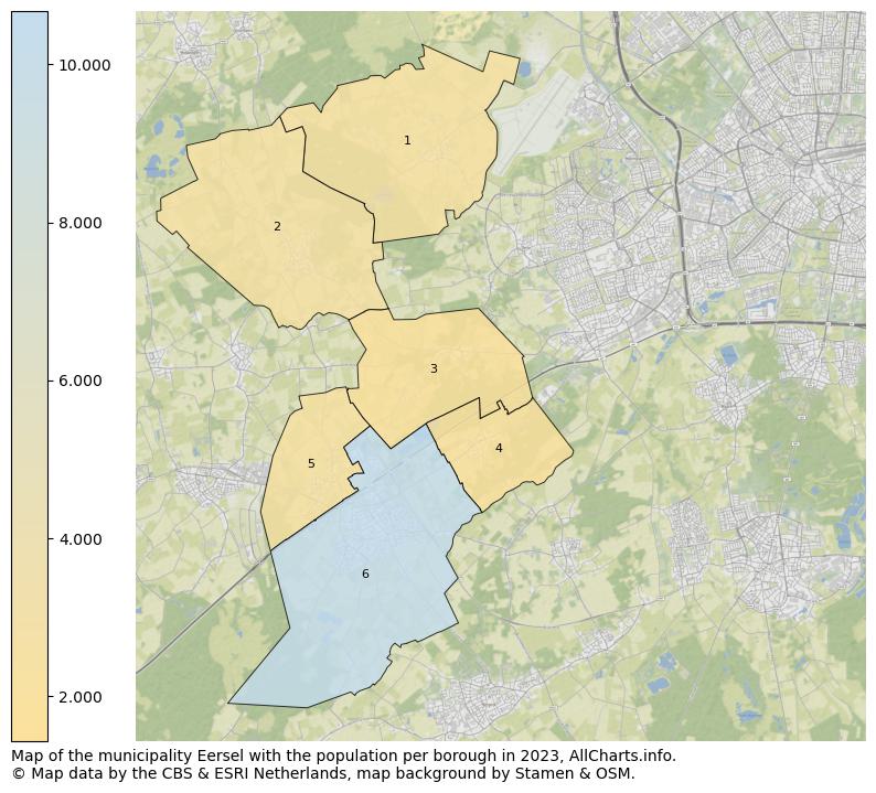 Map of the municipality Eersel with the population per borough in 2023. This page shows a lot of information about residents (such as the distribution by age groups, family composition, gender, native or Dutch with an immigration background, ...), homes (numbers, types, price development, use, type of property, ...) and more (car ownership, energy consumption, ...) based on open data from the Dutch Central Bureau of Statistics and various other sources!