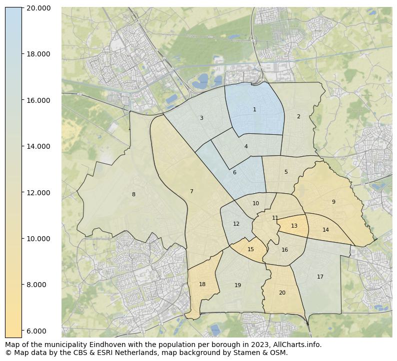 Map of the municipality Eindhoven with the population per borough in 2023. This page shows a lot of information about residents (such as the distribution by age groups, family composition, gender, native or Dutch with an immigration background, ...), homes (numbers, types, price development, use, type of property, ...) and more (car ownership, energy consumption, ...) based on open data from the Dutch Central Bureau of Statistics and various other sources!