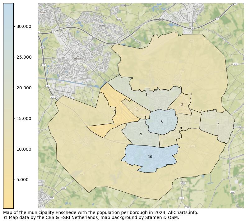 Map of the municipality Enschede with the population per borough in 2023. This page shows a lot of information about residents (such as the distribution by age groups, family composition, gender, native or Dutch with an immigration background, ...), homes (numbers, types, price development, use, type of property, ...) and more (car ownership, energy consumption, ...) based on open data from the Dutch Central Bureau of Statistics and various other sources!